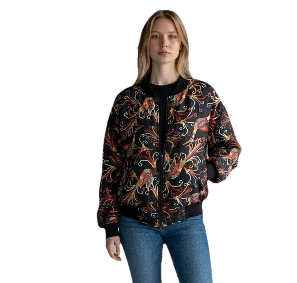 Vtg 90's Carol Horn Workshop Silk Bomber Jacket Peacocks Pockets Large Colorful